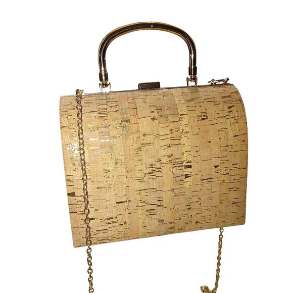 Crossbody Cork Gold Tone Hard Shell Handbag Purse Bag Case Chain Metal Handle - Picture 1 of 12